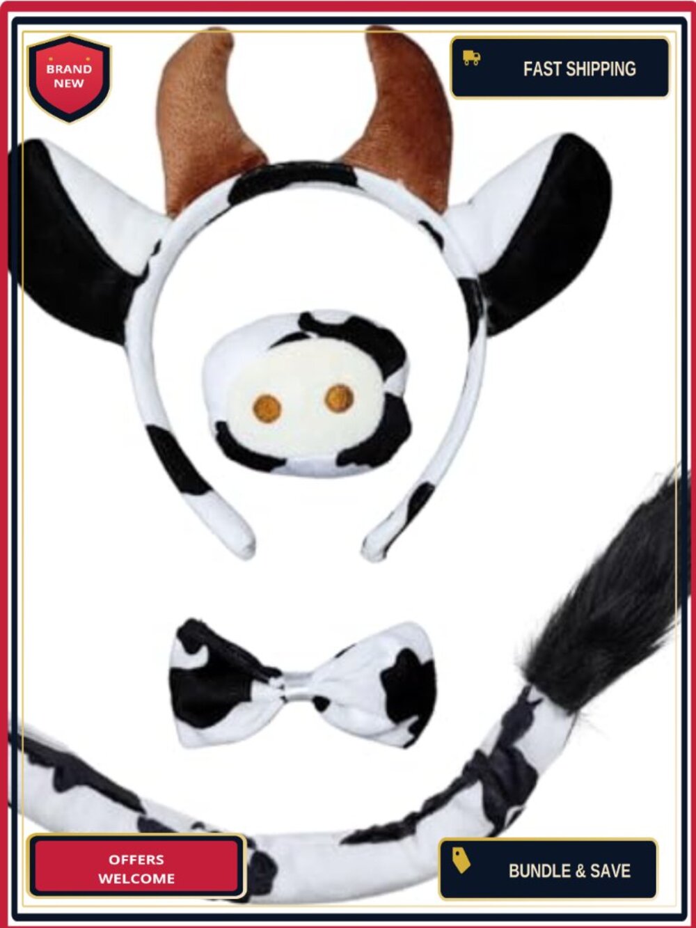 Cow Costume Accessory Set Headband Nose Tail Bow Tie Cosplay Party